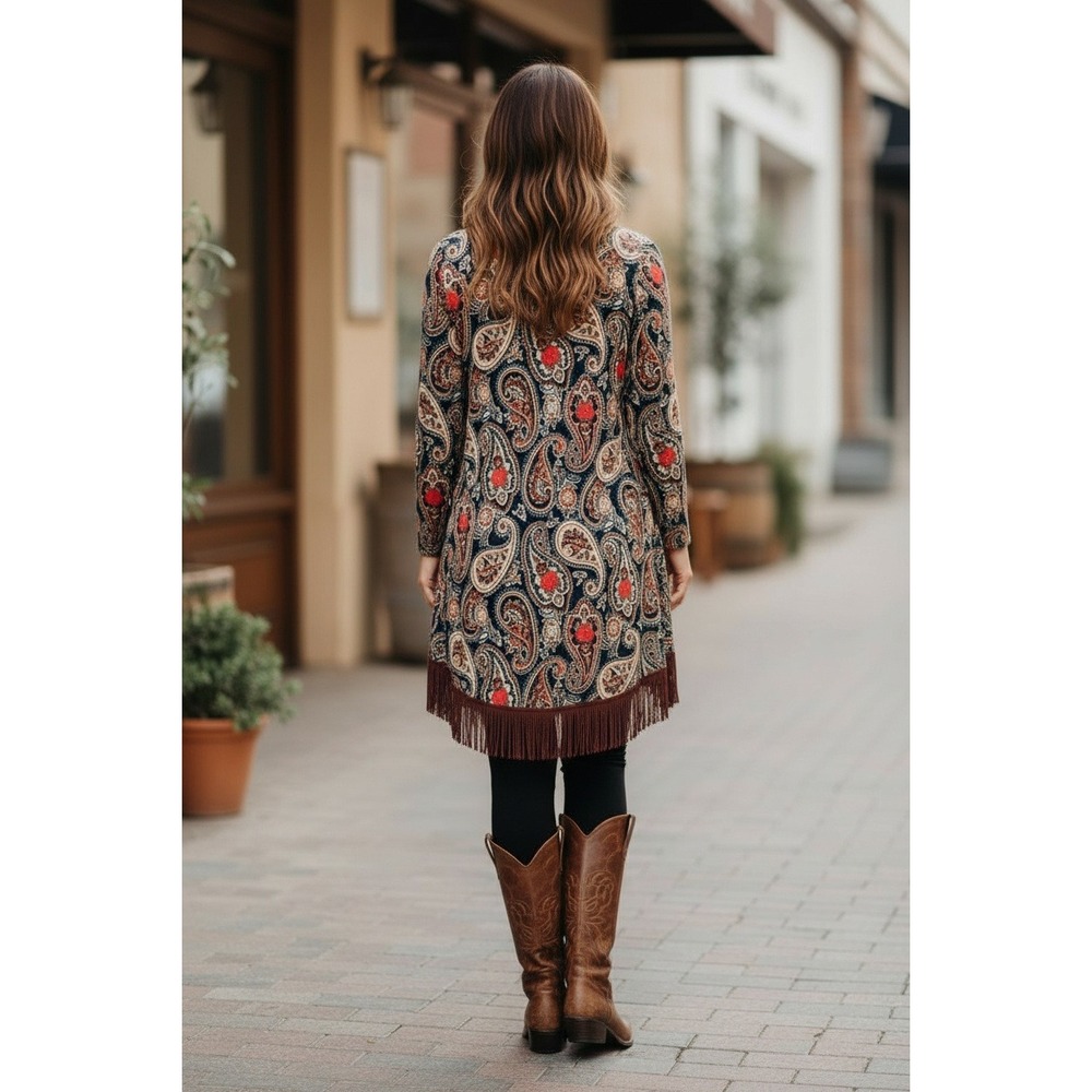 Honeyme Paisley Print Long Sleeve Tunic Top Fringed Hem Lace Up Neck size S‎ - Picture 2 of 7